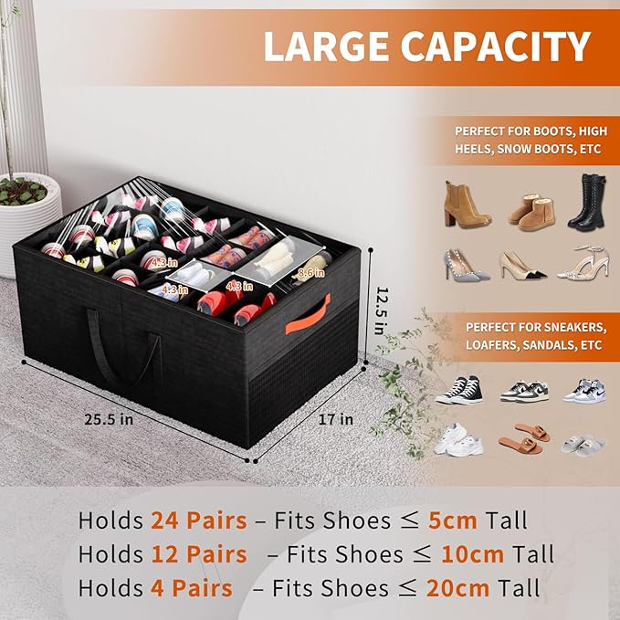 Aokeyee Shoe Organizer for Closet, 2 Pack Large Shoe Storage Box Fits up to 24-48 Pairs, Space Saving Foldable Shoes Organizer Bin w/Clear Cover and 4 Reinforced Handles, Black