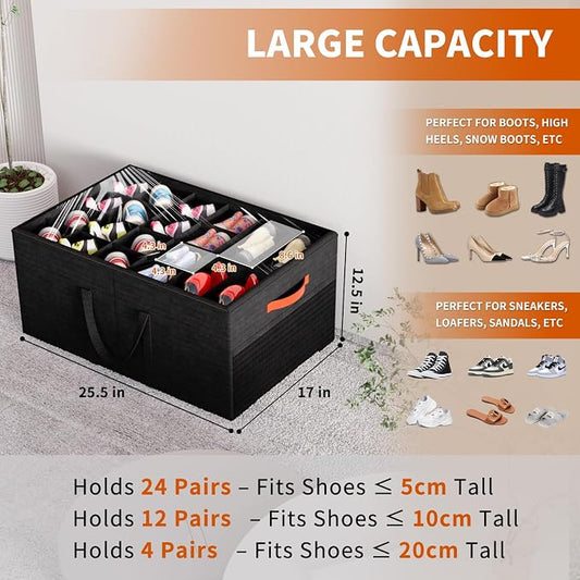 Aokeyee 2 Pack Shoe Organizer for Closet, Large Shoe Storage Box Fits up to 48 Pairs, Space Saving Foldable Shoes Organizer Bin w/Clear Cover and 4 Reinforced Handles, Black