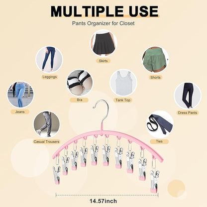 Metal Yoga Pants Hangers 1 Pack w/10 Clips Holds 10 Leggings, Space Saving Hanging Closet Organizer w/Rubber Coated Closet Organizers and Storage, Pink