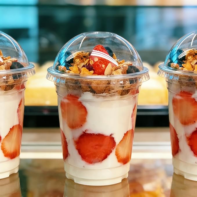 Zezzxu 50 Pack 12 oz Disposable Parfait Cups with Dome Lids No Hole, Toppings Compartment and Spork, Yogurt Conatiner with Granola Holder for Take Away Breakfast and Snacks, No Leaking