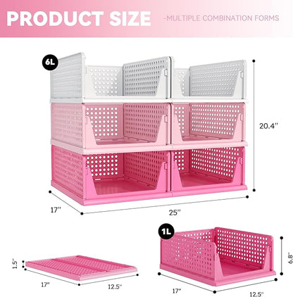 Pink Girl Closet Organizers and Storage Stackable Plastic Drawer Basket for Clothing Stackable Storage Bins Shelf Storage Container for RV Closet Wardrobe Bedroom Bathroom Playroom 6 Pack