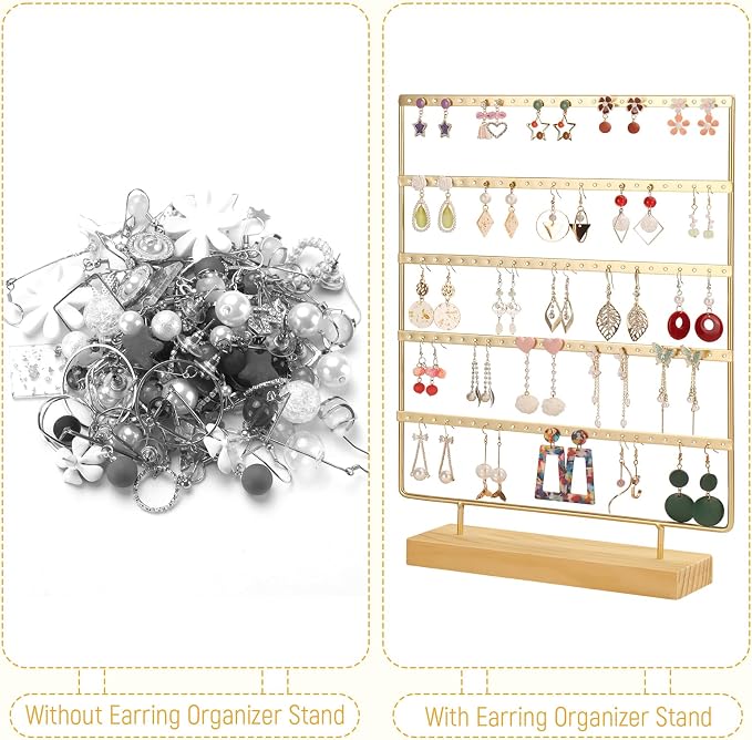 Earring Holder Organizer, 5-Tier Earring Organizer with 60-Pair Capacity, Wooden Base Metal Earring Display, Jewelry Storage & Display for Home Store, Suitable for Women