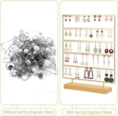 Earring Holder Organizer, 5-Tier Earring Organizer with 60-Pair Capacity, Wooden Base Metal Earring Display, Jewelry Storage & Display for Home Store, Suitable for Women