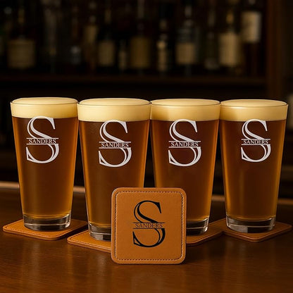 Personalized Glass Set of 4 - Custom Engraved Drinking Pint Glasses - Great Gifts for Men, Women, Family - For Valentine's, Anniversary, Housewarming, Christmas (Pint [x4])