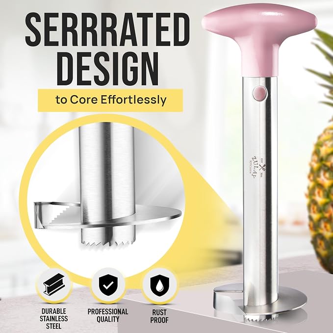 Zulay Kitchen Pineapple Corer and Slicer Tool – Stainless Steel Pineapple Cutter with Eye Remover Tool – Ergonomic Handle & Easy Core Remover – Reinforced Heavy-Duty Blade – Pink