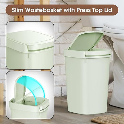 CEROELDA 3 Pack Bathroom Trash Can with Lid, 10L/2.6 Gal Small Garbage Can with Press Top Lid, Slim Plastic Waste Basket for Toilet, Office, Bedroom (Green)
