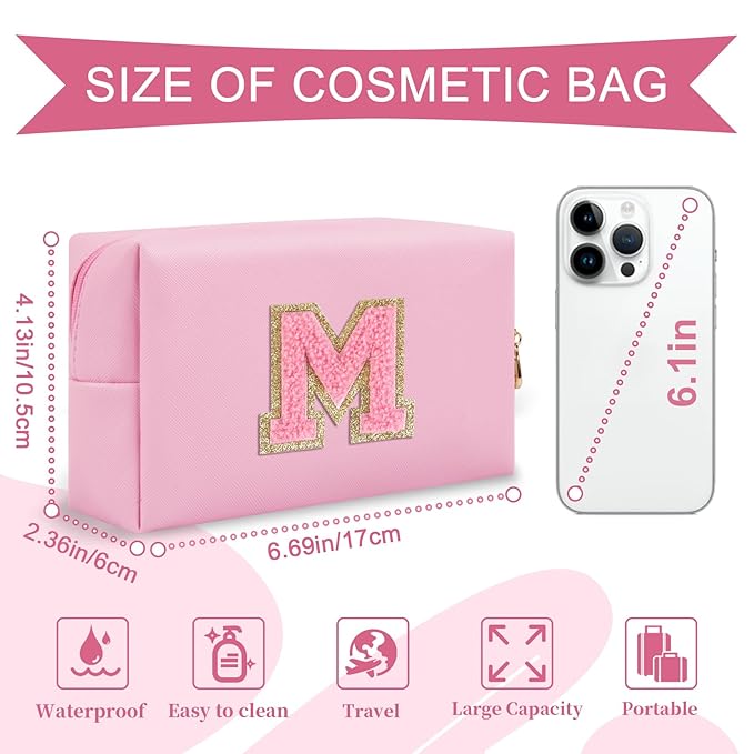 Personalized Initial A-Z Preppy Patch Makeup Bag,Small PU Leather Chenille Letter Cosmetic Bag with Zipper for Teen Girls,Pink Cute Travel Toiletry Bag,Birthday Monogrammed Gift for Daughter,Letter M