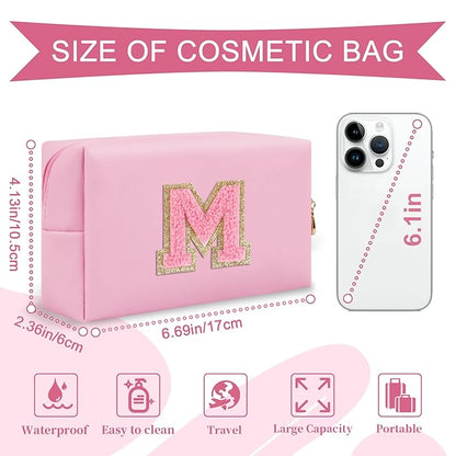 Personalized Initial A-Z Preppy Patch Makeup Bag,Small PU Leather Chenille Letter Cosmetic Bag with Zipper for Teen Girls,Pink Cute Travel Toiletry Bag,Birthday Monogrammed Gift for Daughter,Letter M