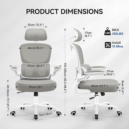 Ergonomic Office Chair, Mesh Desk Chair with Lumbar Support, High Back Home Office Chair with Adjustable Headrest and Flip-Up Arms, Comfortable Computer Chair, Thick Cushion, 300 LBS, LightGray
