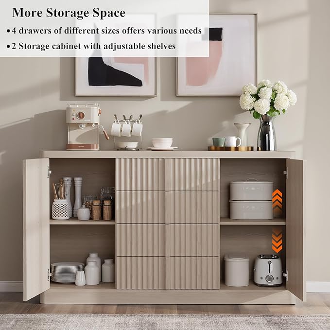 Buffet Cabinet with Storage, 120" Fluted Sideboard with 8 Drawers & 4 Door–Modern Accent Buffet Cabinet with Adjustable Shelves, Credenza Storage Cabinet for Kitchen Living Room, White Alder(2PC)