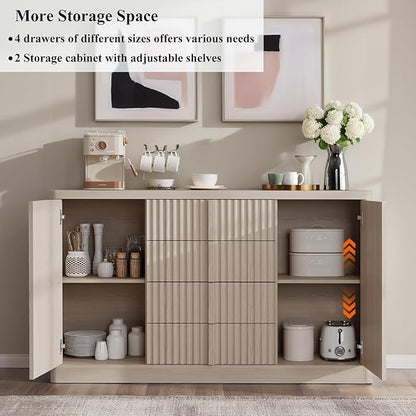 Buffet Cabinet with Storage, 60" Fluted Sideboard with 4 Drawers & 2 Door–Modern Accent Buffet Cabinet with Adjustable Shelves, Credenza Storage Cabinet for Kitchen Living Room, White Alder(1PC)