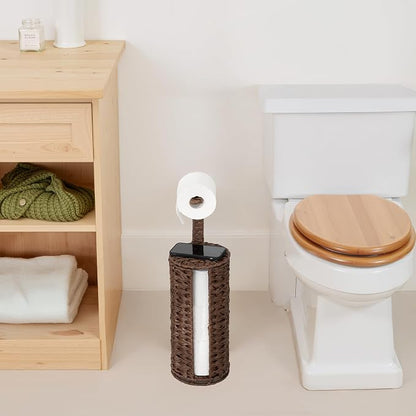 GRANNY SAYS Wicker Freestanding Toilet Paper Holder Stand with Storage, Modern Covered Toilet Paper Stand for 4 Rolls with Shelf for Wet Wipes, Tissue Holder for Bathroom Decor and RV, Brown