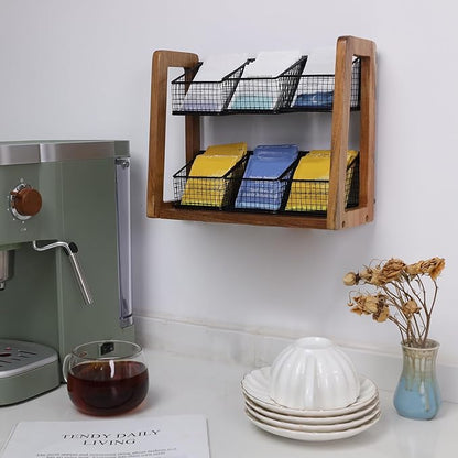 HTB 2 Tier Tea Organizer for Tea Bags, Tea Bag Holder with Acacia Wood Stand and 6 Removable Metal Basket for Sugar Packets, Sweeteners, Creamers for Cabinet, Countertop or Wall-mounted
