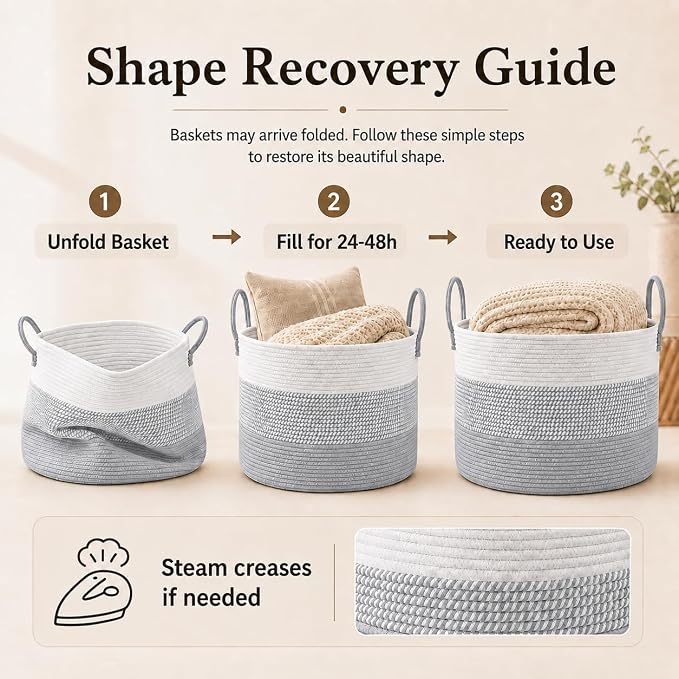 JMvicyroam 115L Extra Large Blanket Basket for Living Room - Woven Cotton Rope Laundry Hamper with Reinforced Handles - Storage Bin for Pillows, Comforters & Toys - Machine Washable,White&Grey Mix