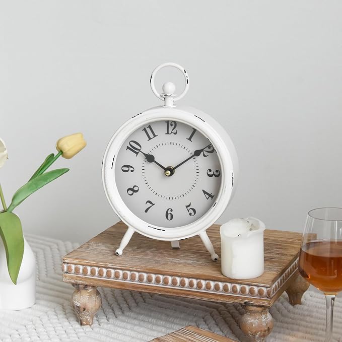 MACVAD Small white table clock Vintage Rustic White Table Clock on Stand, Decorative Desk and Shelf Clock Farmhouse Mantel Clock Rustic Non-Ticking Clock