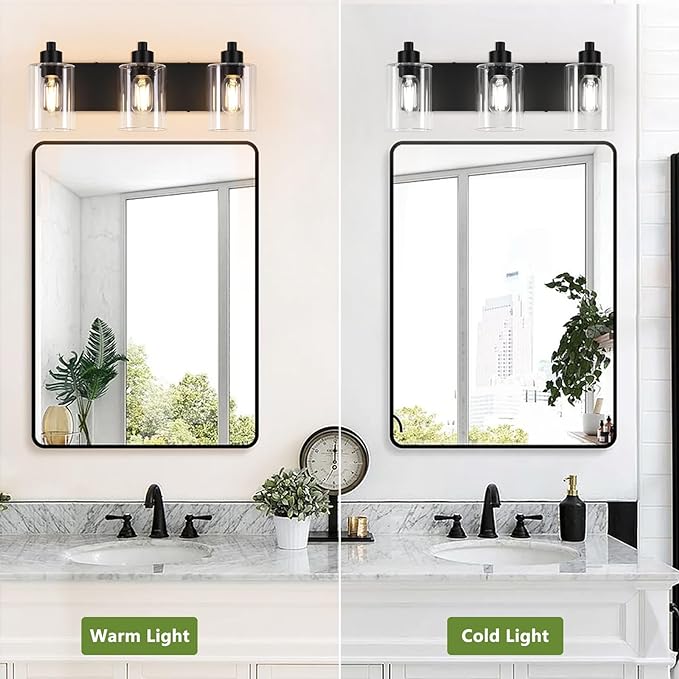Bathroom Light Fixtures,Matte Black 3-Light Bathroom Lights Over Mirror with Clear Glass Shade,Wall Sconces for Kitchen Living Room Bedroom