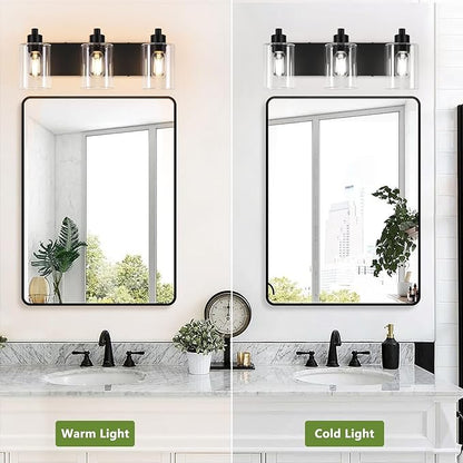 Bathroom Light Fixtures,Matte Black 3-Light Bathroom Lights Over Mirror with Clear Glass Shade,Wall Sconces for Kitchen Living Room Bedroom