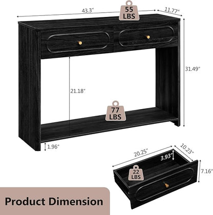 ORRD Fluted Console Table with Drawers, Mid-Century Narrow Entryway Table with Open Storage Shelves, Hallway Accent Tables Behind Couch Tables for Living Room (Black)