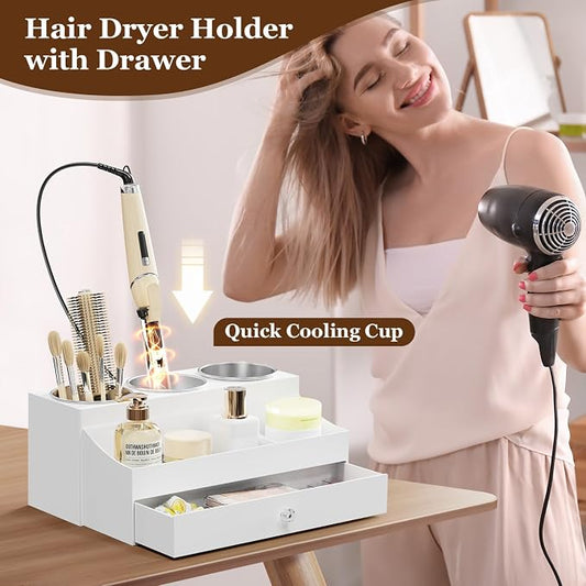 GFWARE Acrylic Hair Dryer Holder with Drawer, Bathroom Organizer Countertop Drawers with 3 Stainless Cups, Makeup Vanity Accessories, Hair Hot Tools Organizer, Toiletry, White