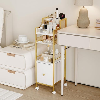 Makeup Organizer Storage Cart with Drawers, Large Floor Makeup Skincare Organizers, Rolling Makeup Cart Vanity Organizer Cosmetics Display Cases Holder for Nail Polish Brush Hair Tool（Gold）