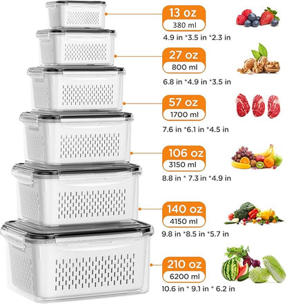 6 PCS Fruit Storage Containers for Fridge with 6 Removable Colanders, BPA Free Food Storage Containers, Dishwasher & Microwave Safe Produce Containers Keep Fruits, Vegetables, Berry, Meat Fresh Longer