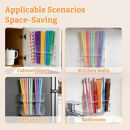 2 PACK Small Acrylic Straw Holder for Cabinet Doors, Reusable Adjustable Two-Part Straw Organizer with Ultra Sticky Adhesive Strips, 2026 Space-Saving Straw Storage for Kitchen Cupboard
