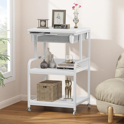 EasyCom Large 3-Tier Rolling Printer Stand with Storage Drawer & 5 Adjustable Shelves Mobile Cart with Industrial Wheels for Home Office Desk Fits 3D Printer, Scanner, and Fax White