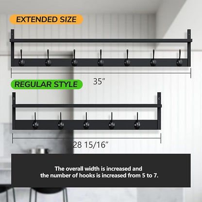 BAMEOS Wall Hooks with Shelf 35 Inch Length Entryway Hanging Shelf Wood Coat Hooks Wall-Mounted Coat Hook Rack with 7 Dual Hooks for Bathroom, Living Room, Bedroom (Black)