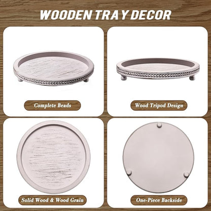 Handmade Wooden Decorative Tray, Small Beaded Coffee Table Tray Decor, Grey Round Decorative Tray for Coffee Table, Dining Room Table Entryway and Living Room Table