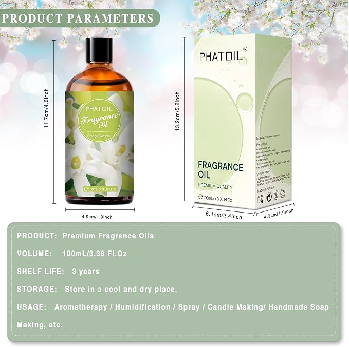 PHATOIL 3.38FL.OZ Orange Blossom Fragrance Oils for Aromatherapy, Essential Oils for Diffusers for Home, Perfect for Diffuser, DIY Candle and Soap Making, DIY Scented Products - 100ml