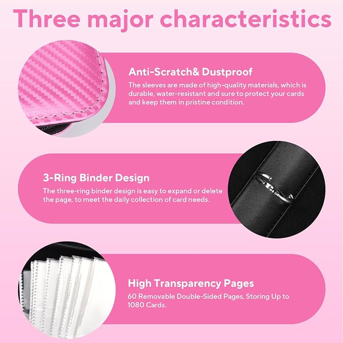 Portable 9-Pocket Trading Card Binder, Holds 1080 Cards with 60 Removable Sleeves Baseball Card Binder, Compact Card Album Organizer for Game & Sports Cards, Pink Color