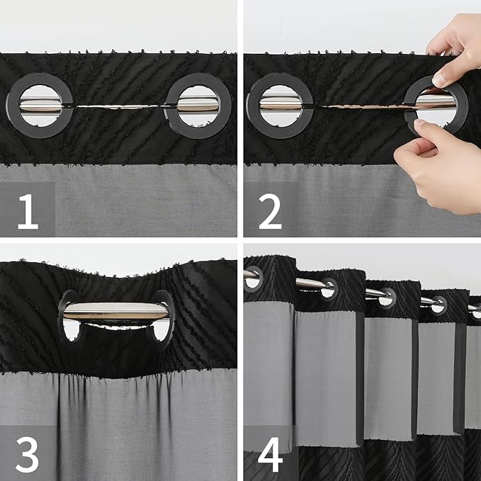 no Hook Shower Curtain and Liner Set，Boho Style with See Through Top Window, Black Fabric Tufted Striped Textured Outer Curtain & Waterproof Inner Liner, DarkBlack, 71Wx77H