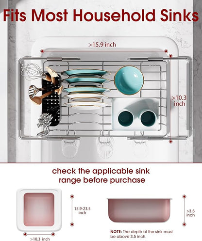 Sakugi Dish Drying Rack in Sink - Expandable Stainless Steel Dish Rack Over the Sink, Kitchen Sink Drain Strainer with Cutlery Holder & Cup Holders, 15.4 x 9.8 x 3.0 Inch, Grey