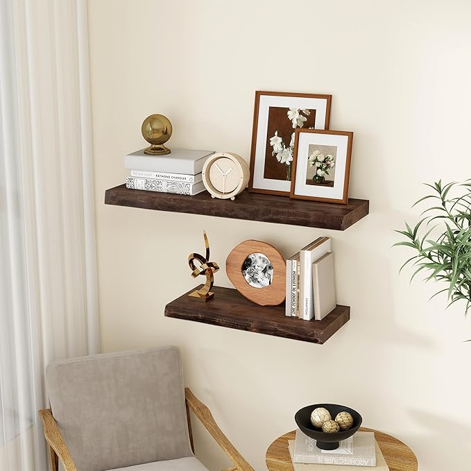 fuqing Solid Elm Wood Floating Shelves for Wall - 36 Inch Wide x 9 Inch Deep Rustic Live Edge Floating Shelves Wall Mounted - Natural Wooden Shelves with Upgraded Heavy Duty Brackets and Anchors