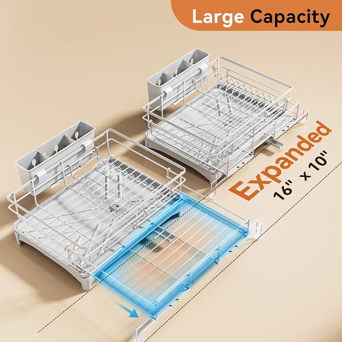 Laveshop Dish Drying Rack - Expandable Rack, Large Capacity Dish Drainer for Kitchen Counter, Rust-Proof with Utensil Holder, Gray