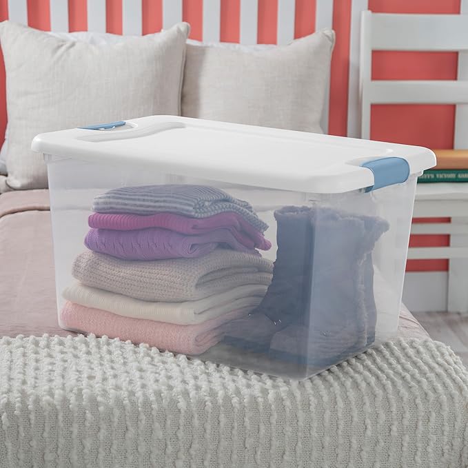 Sterilite 16-Pack Latching Box, Clear Plastic Under Bed Storage Bins with Lids, 64 Quart - Large Stackable Tote Organizer Containers for Closet, Bedroom, Bathroom, and Office Organization