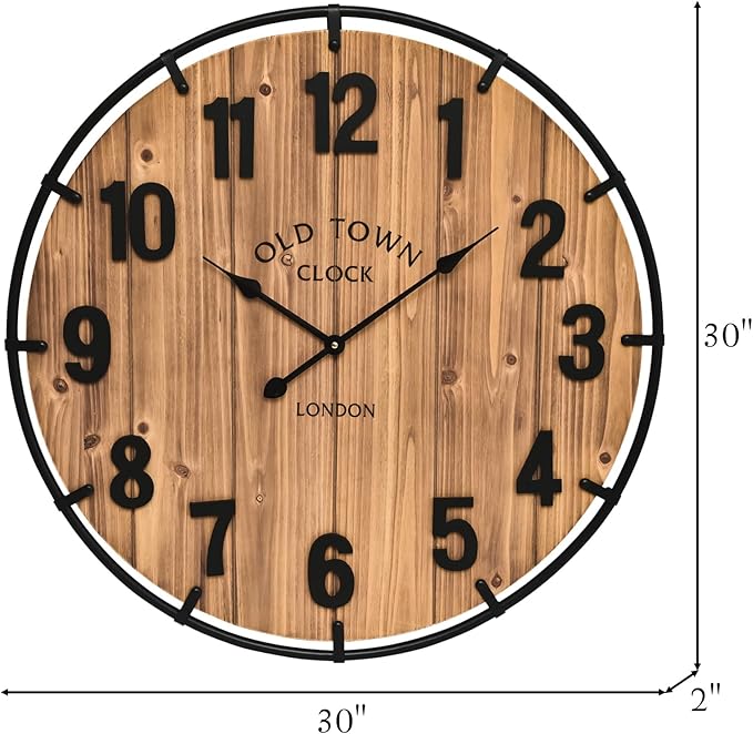 MICWIC 30 Inch Farmhouse Wall Clock Large Old Town Vintage Rustic Wooden Clock with Metal Rim and Large Numerals, Silent Battery-Operated for Office, Kitchen, Bedroom, and Living Room