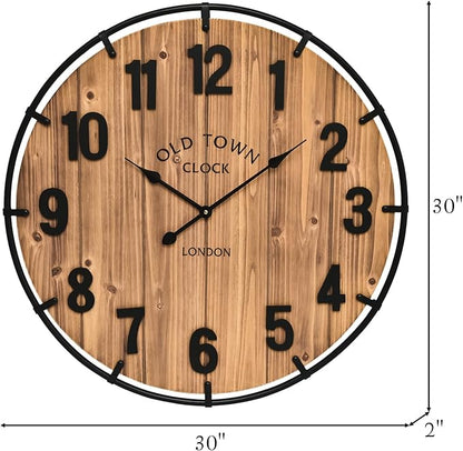 MICWIC 30 Inch Farmhouse Wall Clock Large Old Town Vintage Rustic Wooden Clock with Metal Rim and Large Numerals, Silent Battery-Operated for Office, Kitchen, Bedroom, and Living Room