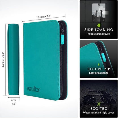 Vault X 4 Pocket Zip Binder, 160 Cards, Exo-Tec Material, 20 Side-Loading Pages (Teal)