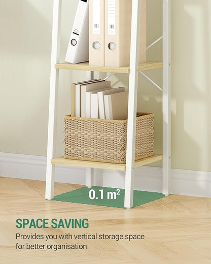 Ladder Shelf, Bookshelf Bookcase, Freestanding Corner Storage Shelve with 2 Hooks for Home Office, Living Room, Kitchen, Bedroom, Industrial, 11.8" D x 13.4" W x 63" H, White Oak and White