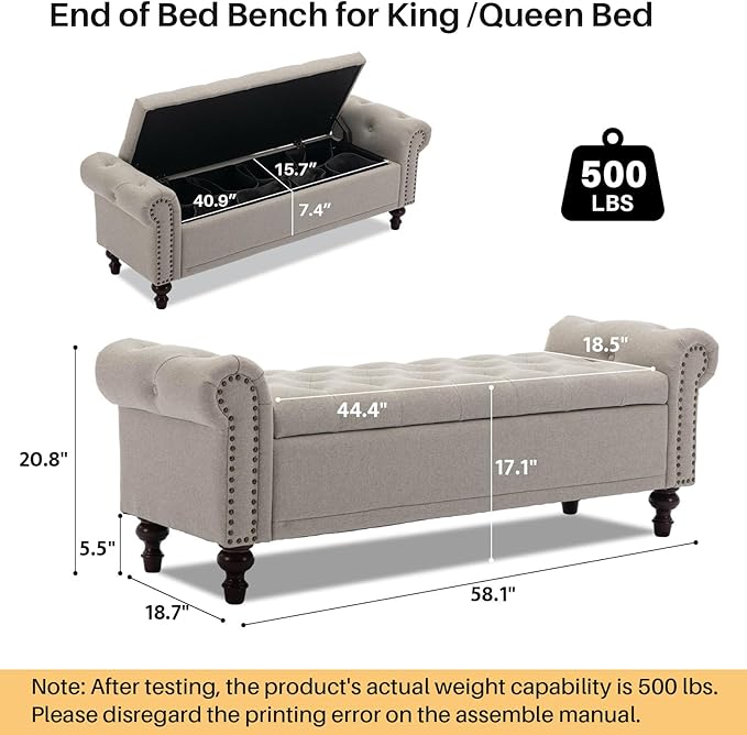 58.1" Storage Bench Upholstered Linen End of Bedroom Bed Bench Ottoman with Tufted Cushioned Rolled Arm Large Storage Space for Reading Living Room Entryway, Light Brown
