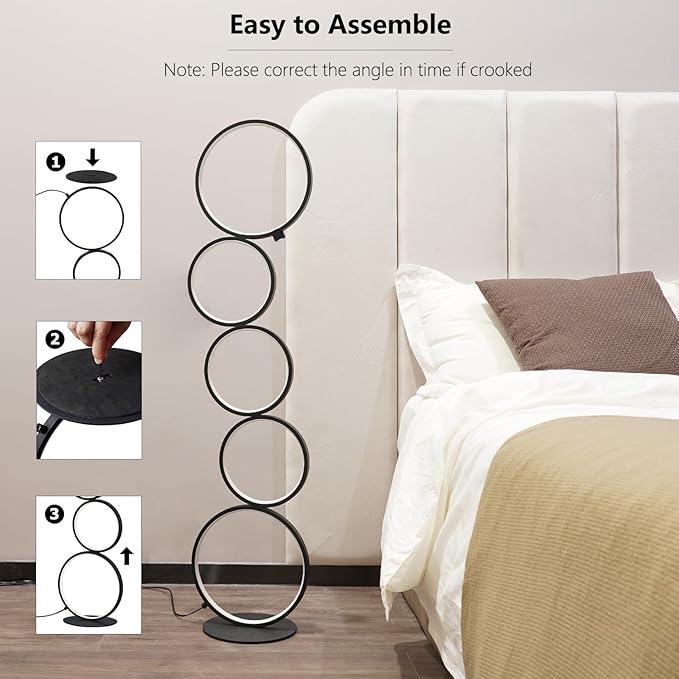 NUÜR Modern 5-Ring LED Floor Lamp, 43.3" Artistic Nesting Circle Standing Lamp, Stepless Dimmable Sculptural Accent Light for Living Room, Bedroom & Office, Minimalist Geometric Decor