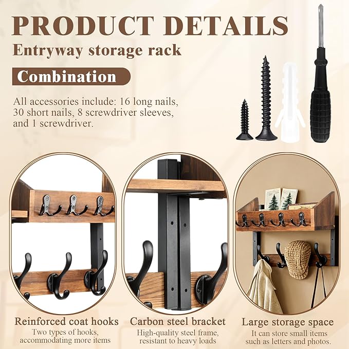 ZOCONE 29" Wood Coat Rack Wall Mount with Shelf, Separable Coat and Key Holder Wall Mount, Entryway Coat Rack with Carbon Steel Fixing Rod for Greater Load-Bearing and Stability, Living Room,Bedroom