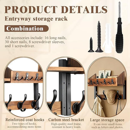 ZOCONE 29" Wood Coat Rack Wall Mount with Shelf, Separable Coat and Key Holder Wall Mount, Entryway Coat Rack with Carbon Steel Fixing Rod for Greater Load-Bearing and Stability, Living Room,Bedroom