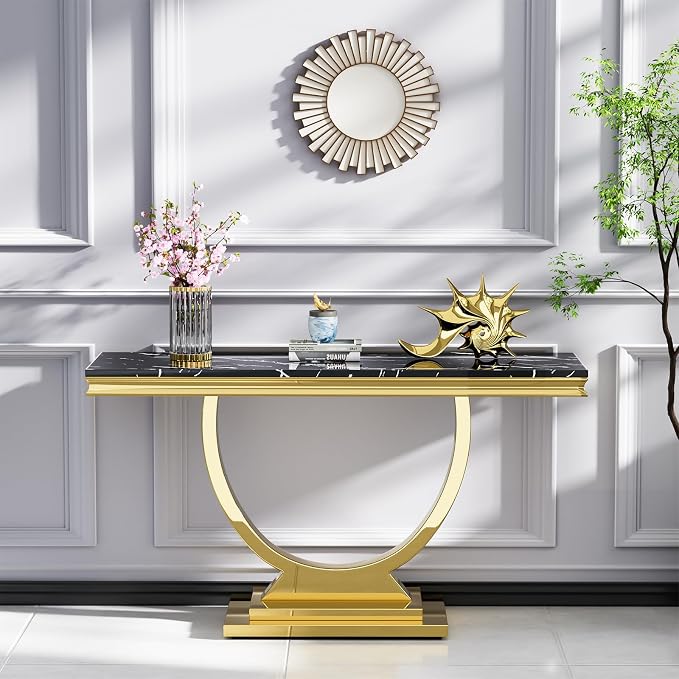 3 Piece Living Room Table Set Include 1 Faux Marble Coffee Table & 1 End Table & 1 Console Table, Modern Black Gold Coffee Table Set of 3 with Double O Shape Stainless Steel Pedestal Base