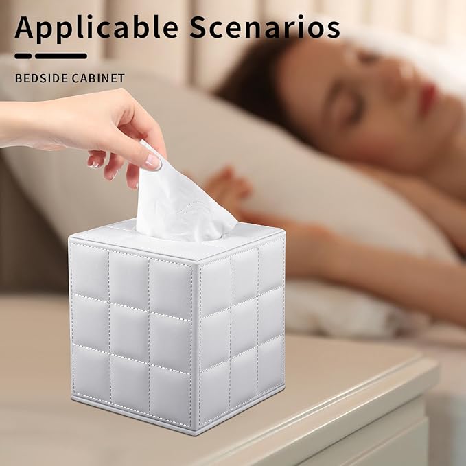 Tissue Box Cover Square,Stylish PU Leather Tissue Box Holder for Dresser Bathroom,Facial Tissue Holder with Magnetic Bottom for Home Office (White)