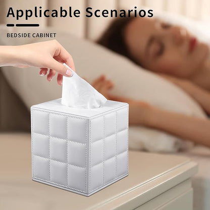 Tissue Box Cover Square,Stylish PU Leather Tissue Box Holder for Dresser Bathroom,Facial Tissue Holder with Magnetic Bottom for Home Office (White)