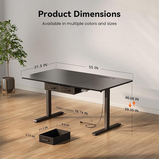 HLDIRECT Electric Standing Desk, 55 x 31.5 Inches Height Adjustable Table with Outlets, Sit Stand Computer Desk with Drawers for Home Office, Ergonomic Rising Workstation, Black