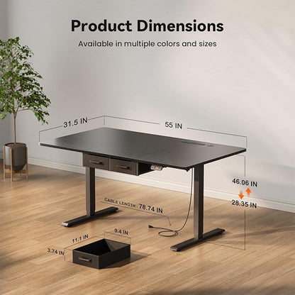 HLDIRECT Electric Standing Desk, 55 x 31.5 Inches Height Adjustable Table with Outlets, Sit Stand Computer Desk with Drawers for Home Office, Ergonomic Rising Workstation, Black