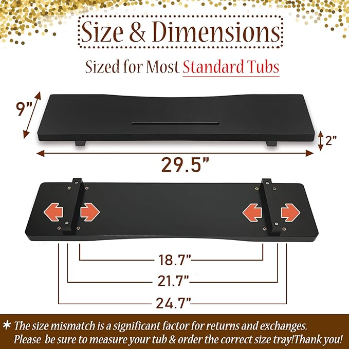 Stylish Black Bamboo Bathtub Tray Caddy with Adjustable Legs, Minimalistic Design Bath Tray for Tub, Bathtub Accessories, Fit Standard and Against Wall Bath Tubs, Gift Idea for Women